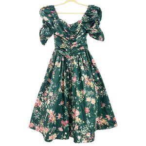 Vintage 80's Loralie Floral Cottagecore Dress Green Size 10 Pre-Loved